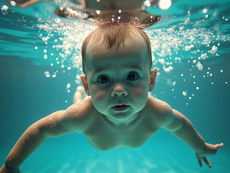 KI-generiertes Bild von einem Baby unter Wasser